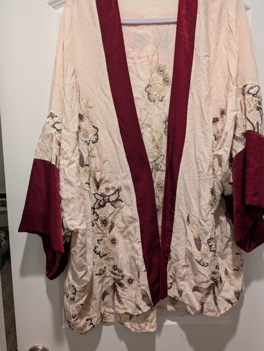Renee C. Cream Kimono Robe with Burgundy Trim and Floral Embroidery